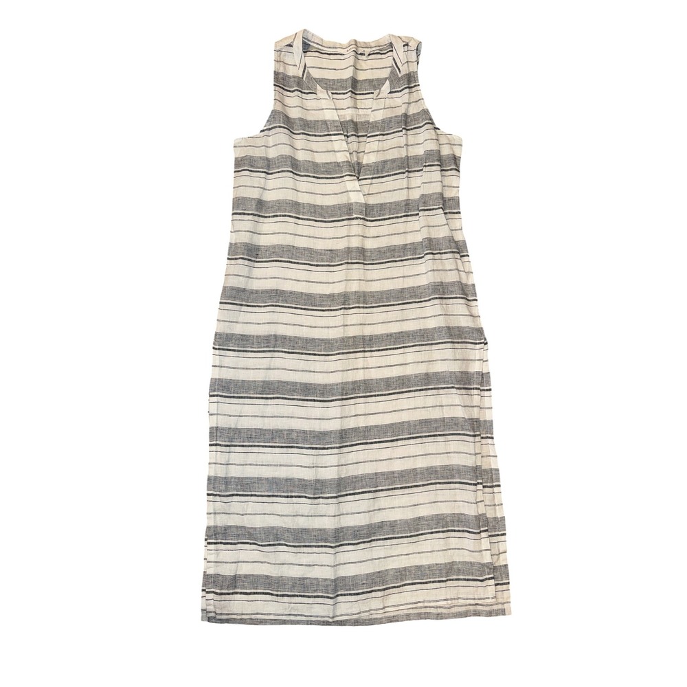 Athleta Stripe Midi Kaftan Women Medium Navy White Linen Sleeveless Dress